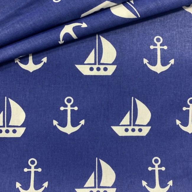 Bavlnená látka - Plachetnice a kotvy námornícka modrá