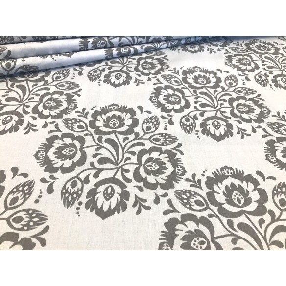 Cotton Fabric - Łowicz Folklore Pattern Grey-White