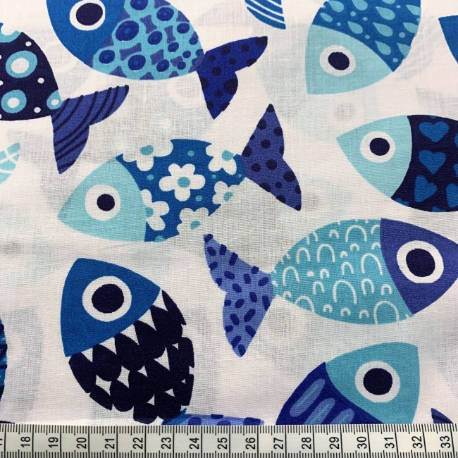 Cotton Fabric - Fish on Navy Blue