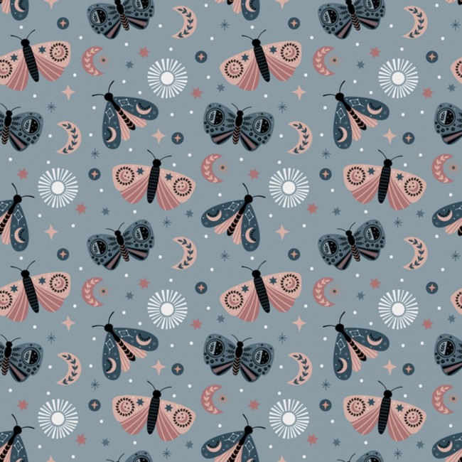Printed Single Jersey - Moths Baby blue