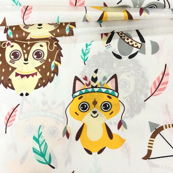 Cotton Fabric - Foxes and Owls White