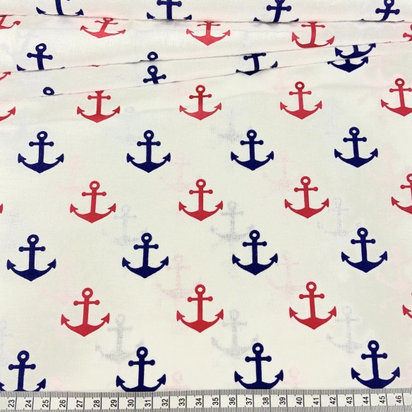 Cotton Fabric - Sailor Pattern Anchors Red Navy