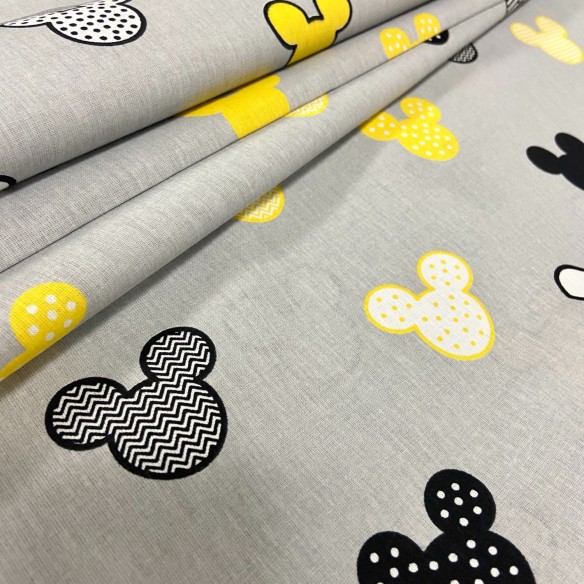 Cotton Fabric - Mickey Mouse Patterns Yellow on Grey