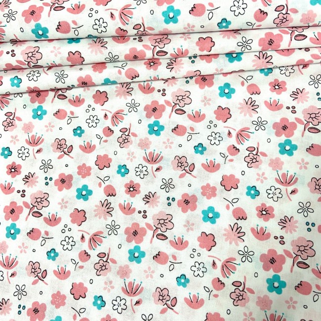 Cotton Fabric - Flowers Pink Turquoise