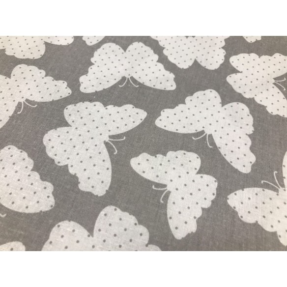 Cotton Fabric - White Butterflies on Grey