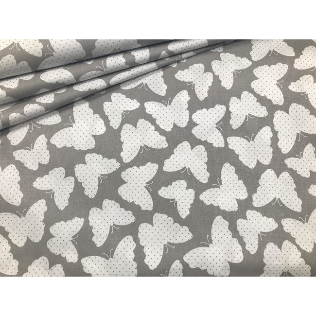 Cotton Fabric - White Butterflies on Grey