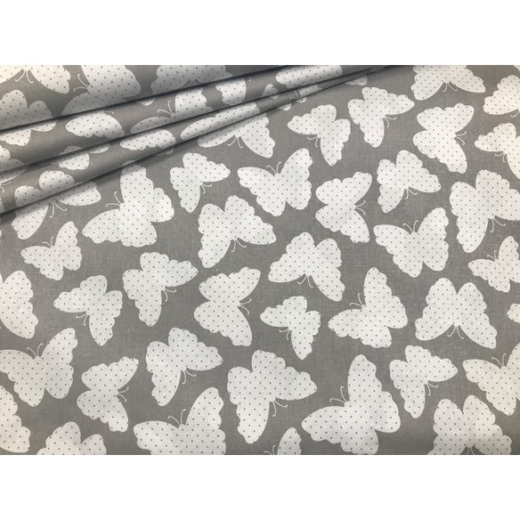 Katoenstof - Witte vlinders op grijs