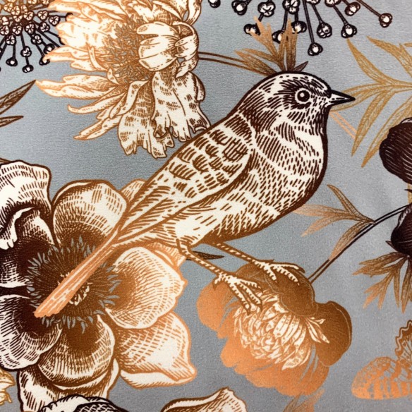 Printed Riviera Velour Fabric - Birds Gold