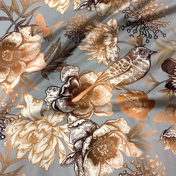 Printed Riviera Velour Fabric - Birds Gold