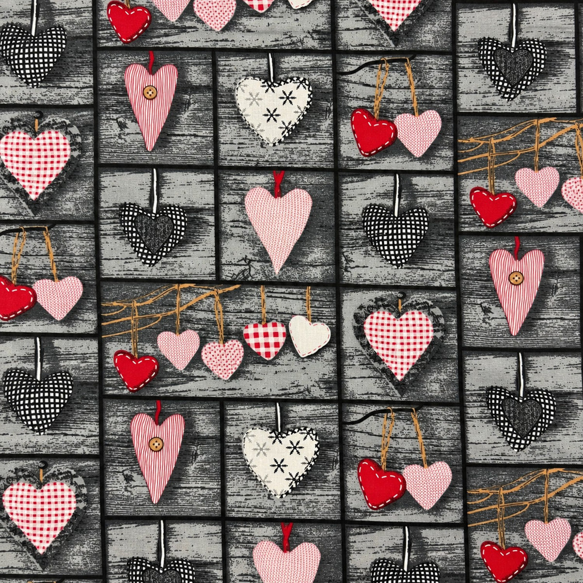 Cotton Fabric - 3D Patchwork Hearts on Grey