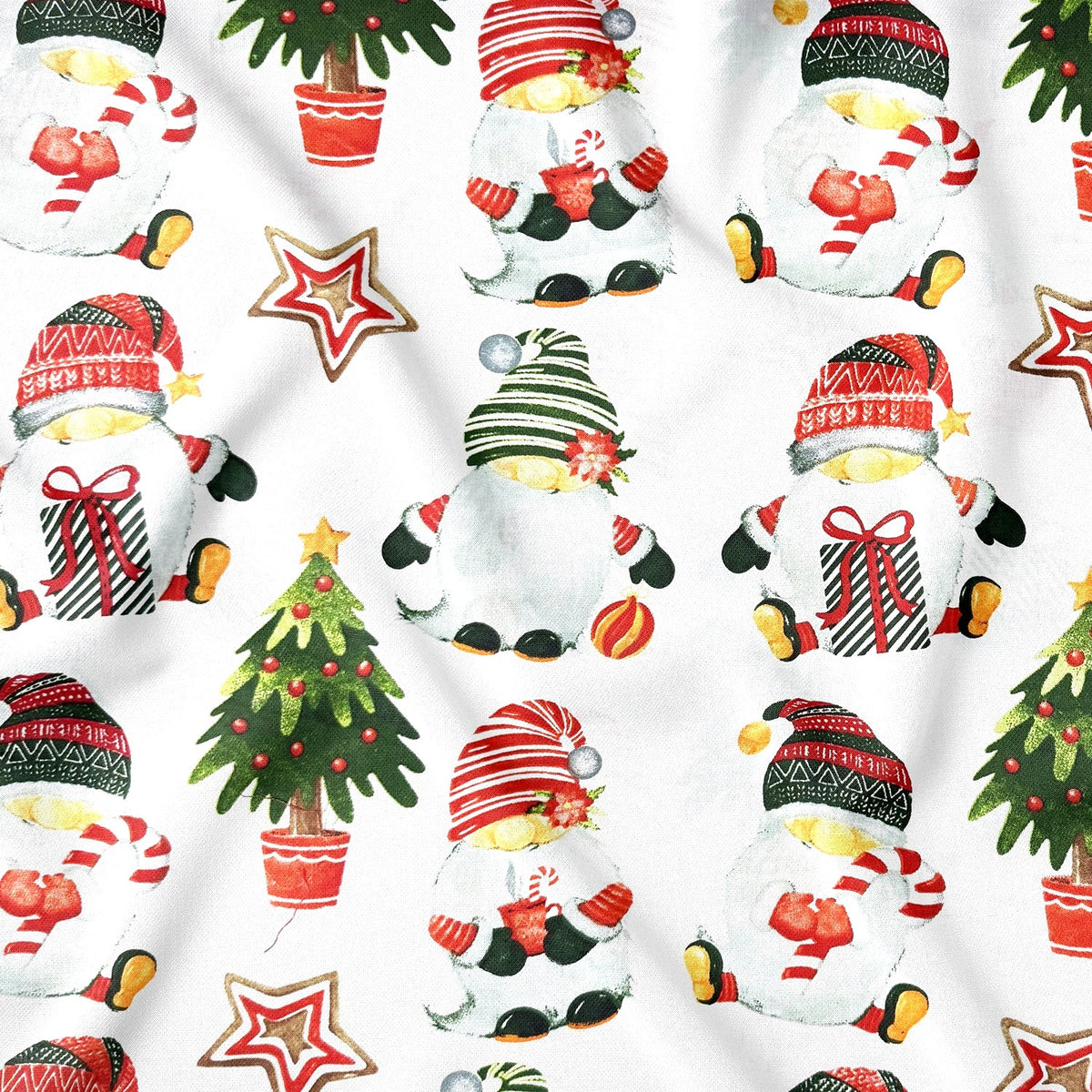 Cotton Fabric - Christmas Gnomes Trees and Stars