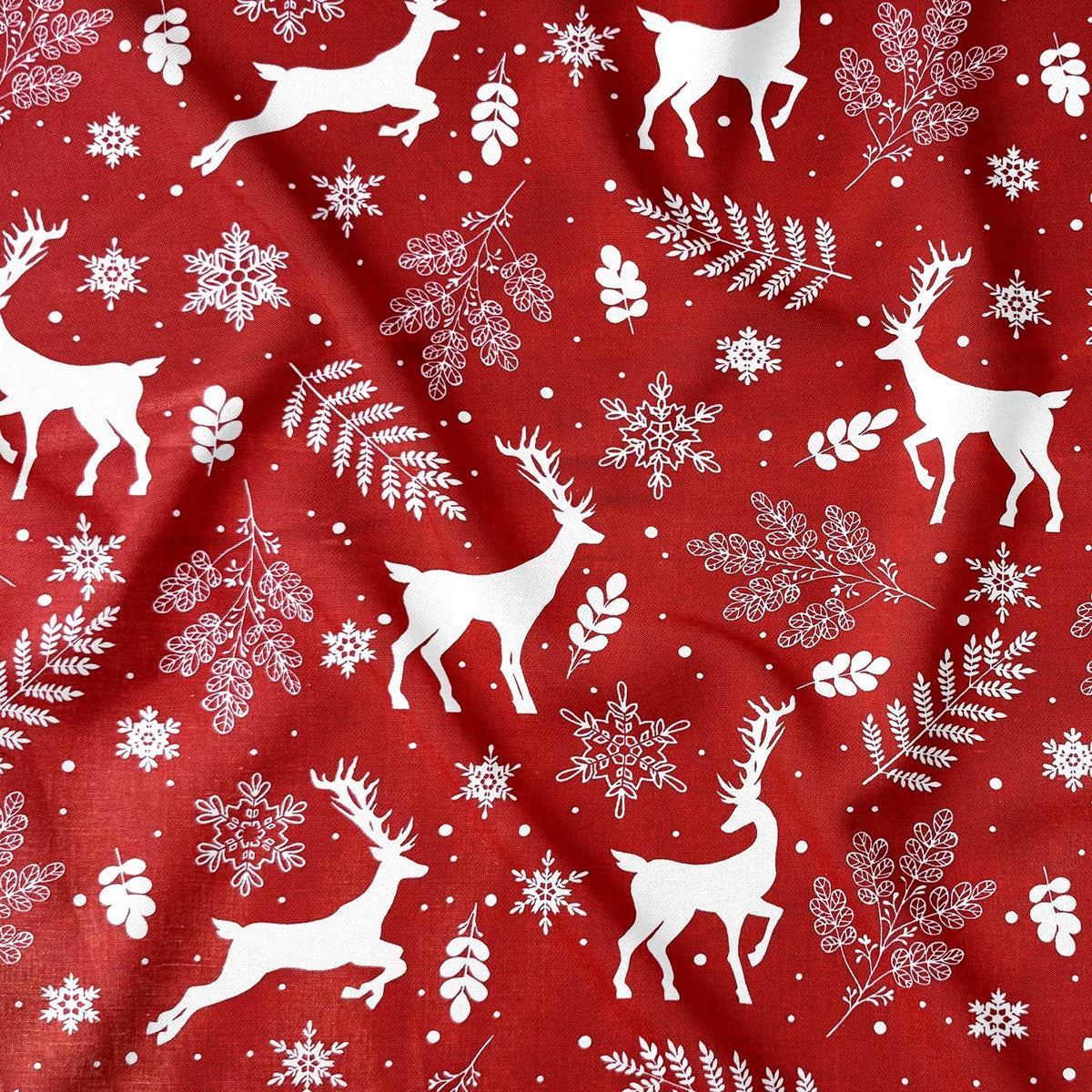 Cotton Fabric - Nordic Christmas Reindeer on Red