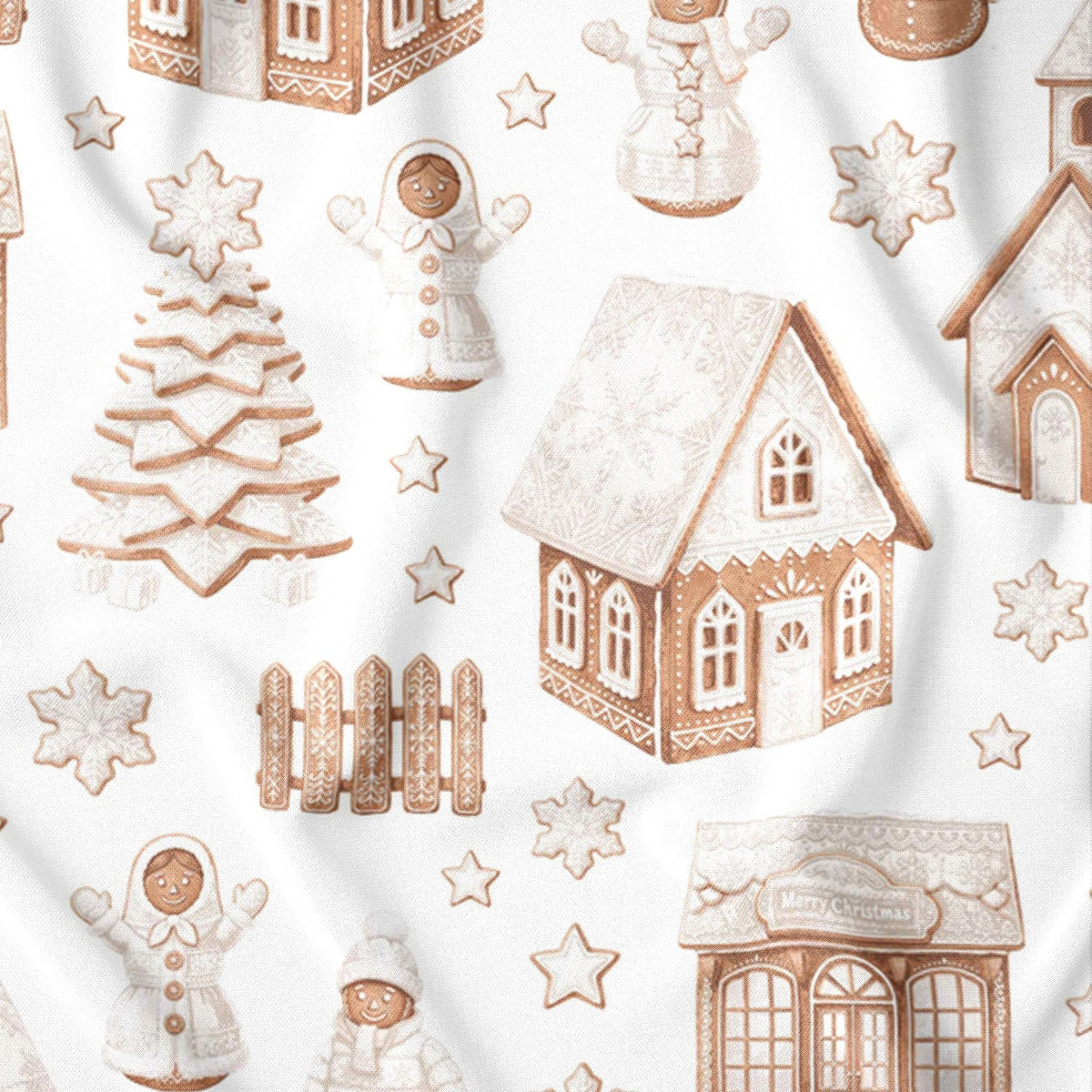 Cotton Fabric - Gingerbread Christmas Village on White
