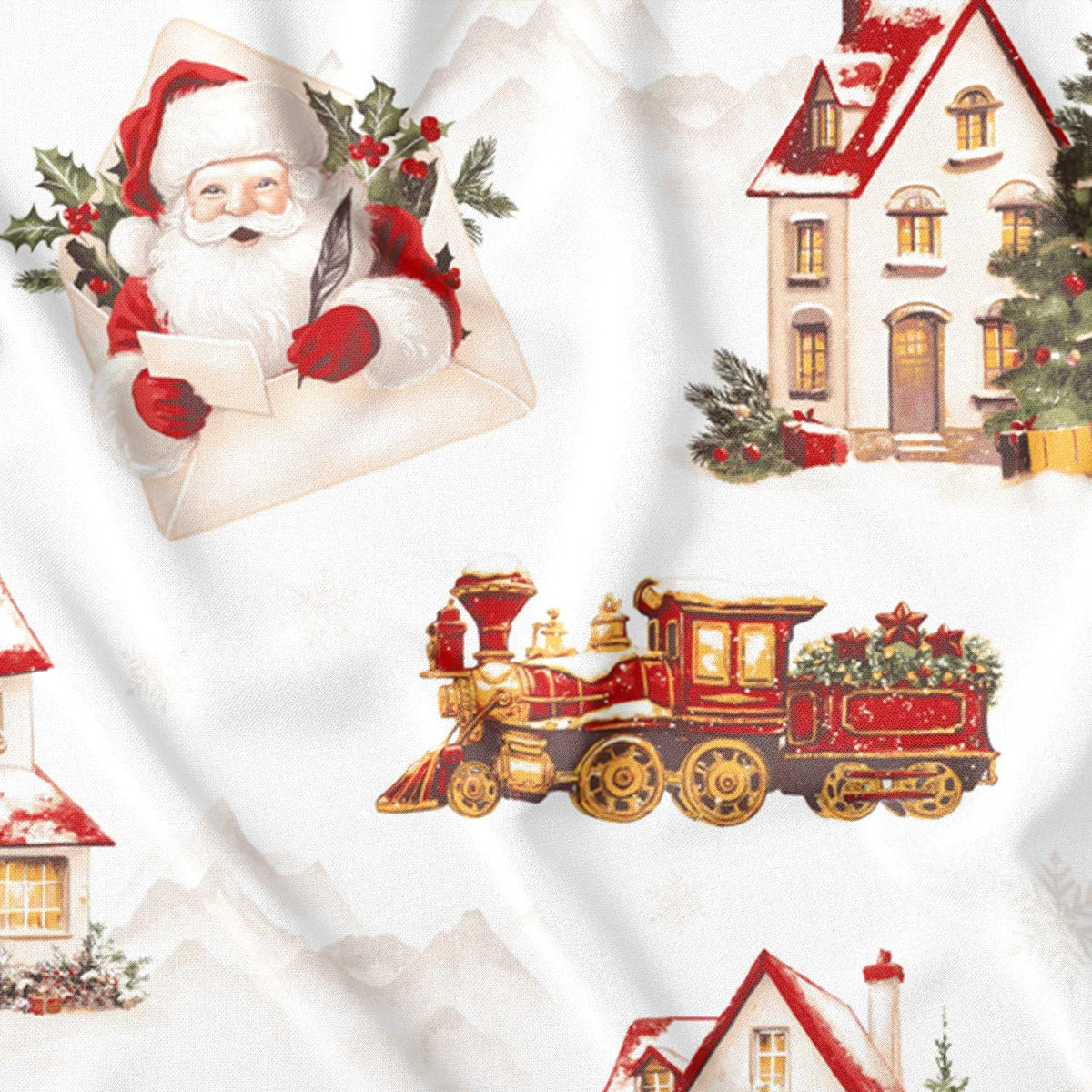 Cotton Fabric - Christmas Village Santa and Train on White