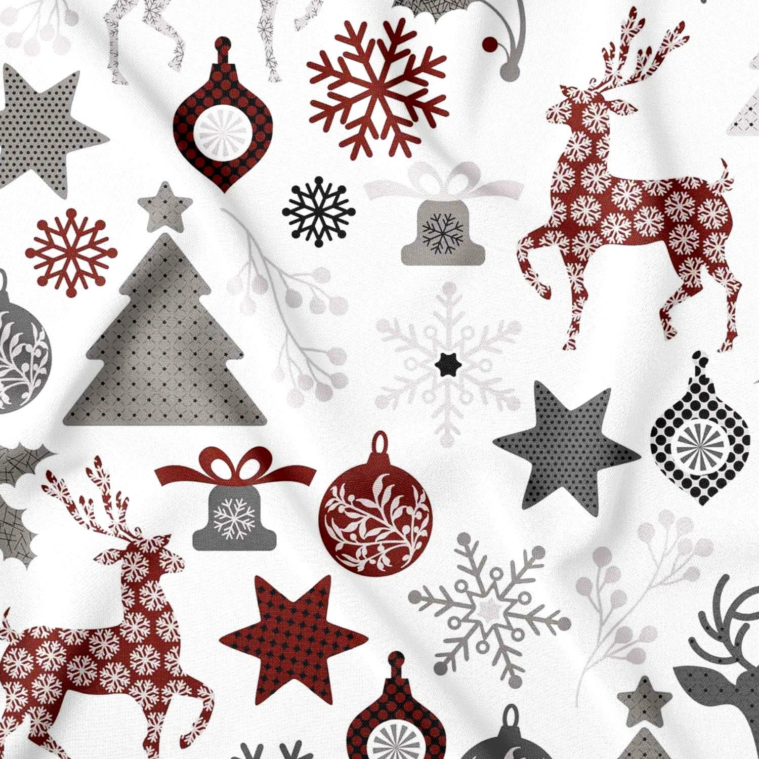 Cotton Fabric - Christmas snowflakes and Reindeer, White