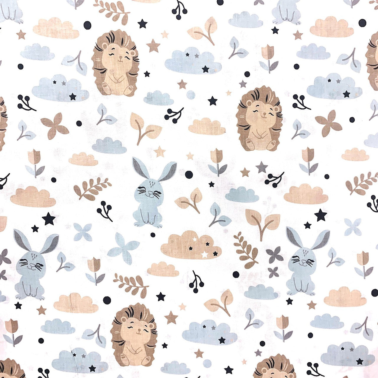 Cotton Fabric - Beige Hedgehogs and Blue Bunnies