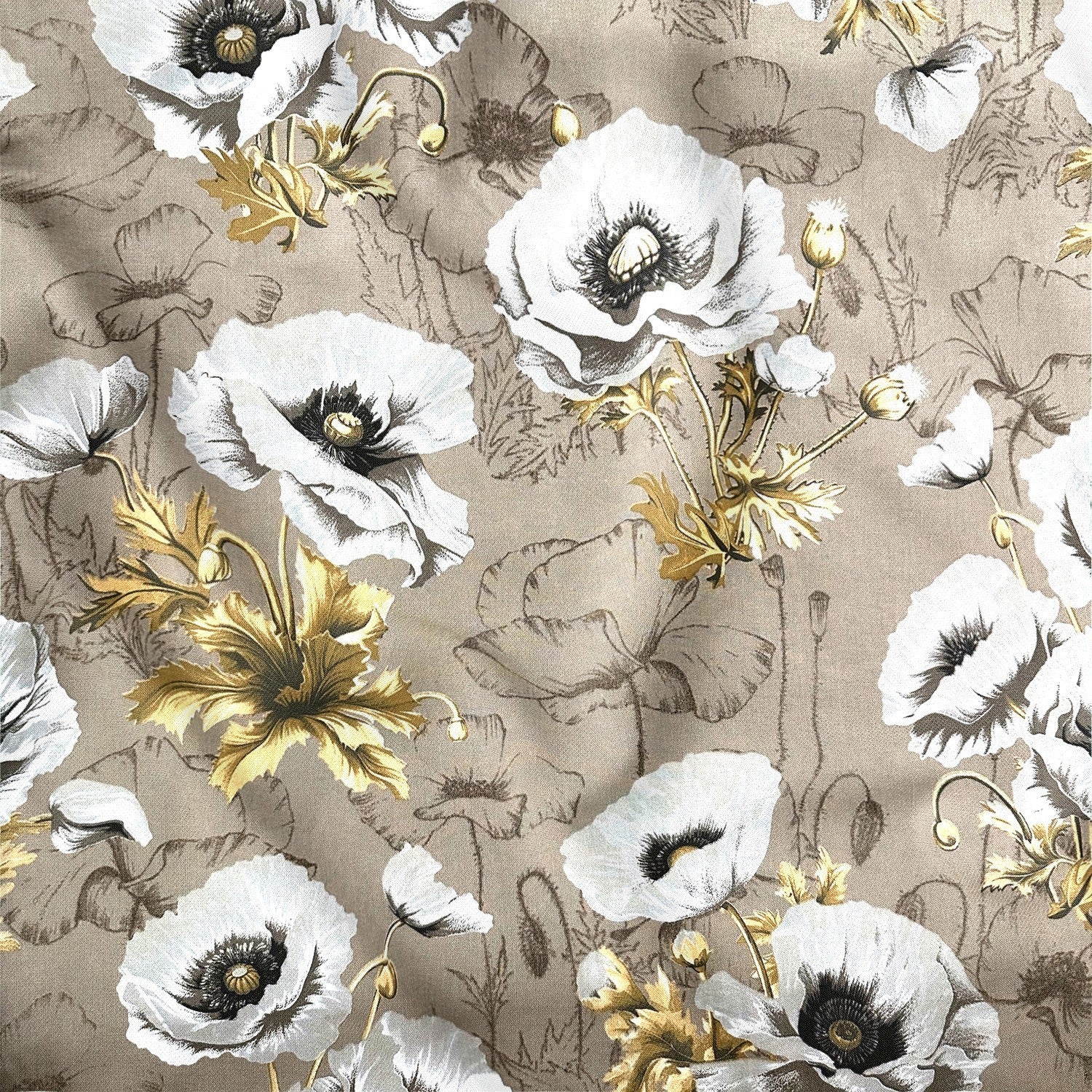 Cotton Fabric - Beige Poppies