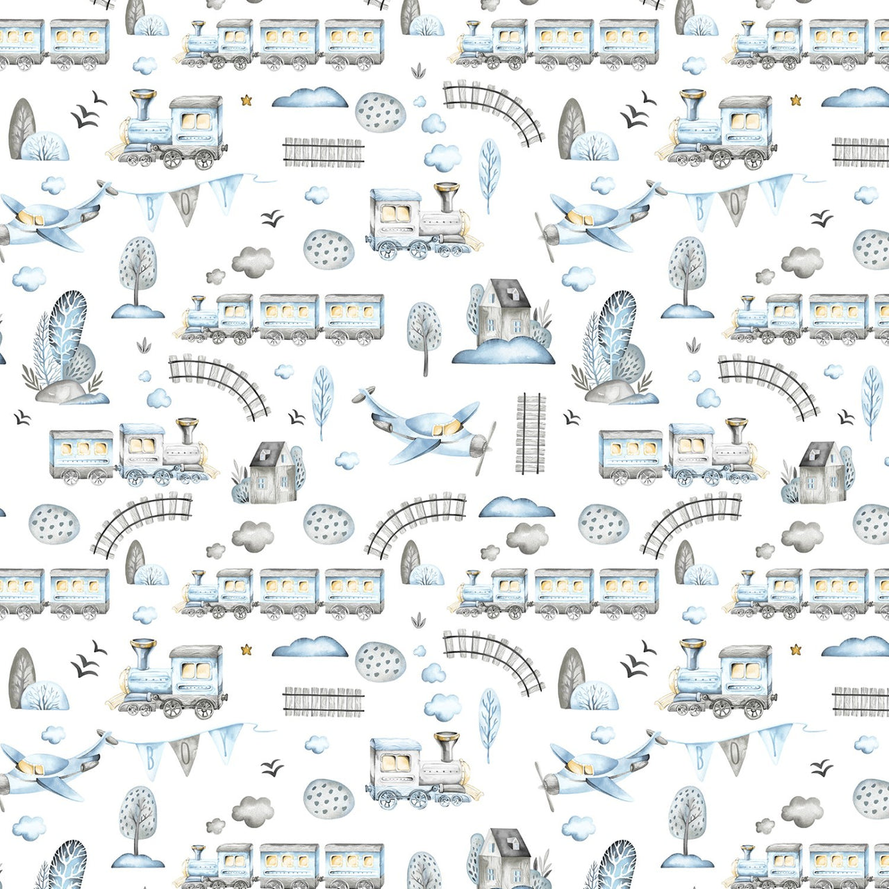 Cotton Fabric - Choo-choos Planes and Houses, Gray