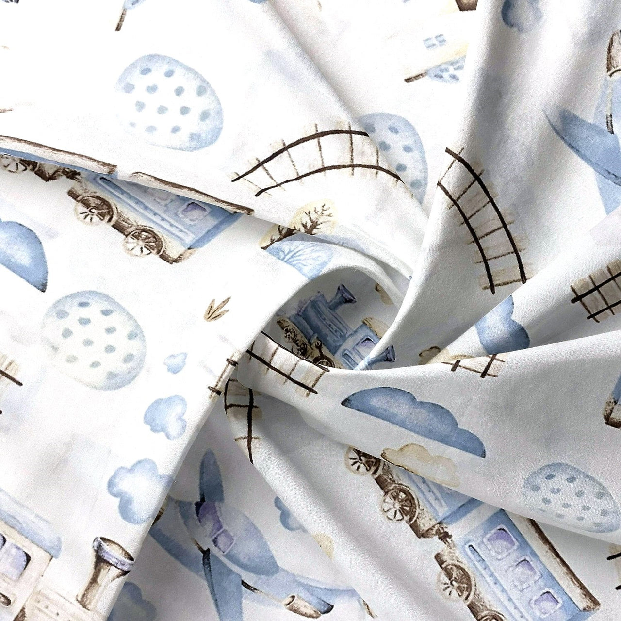 Cotton Fabric - Choo-choos Planes and Houses, Gray