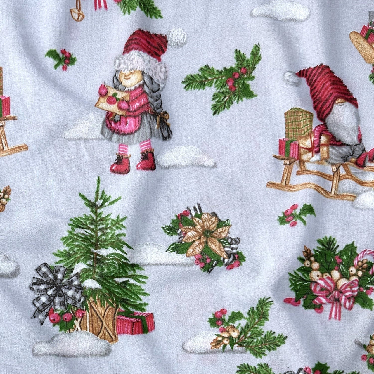 Cotton Fabric - Christmas Gnomes, Light Gray