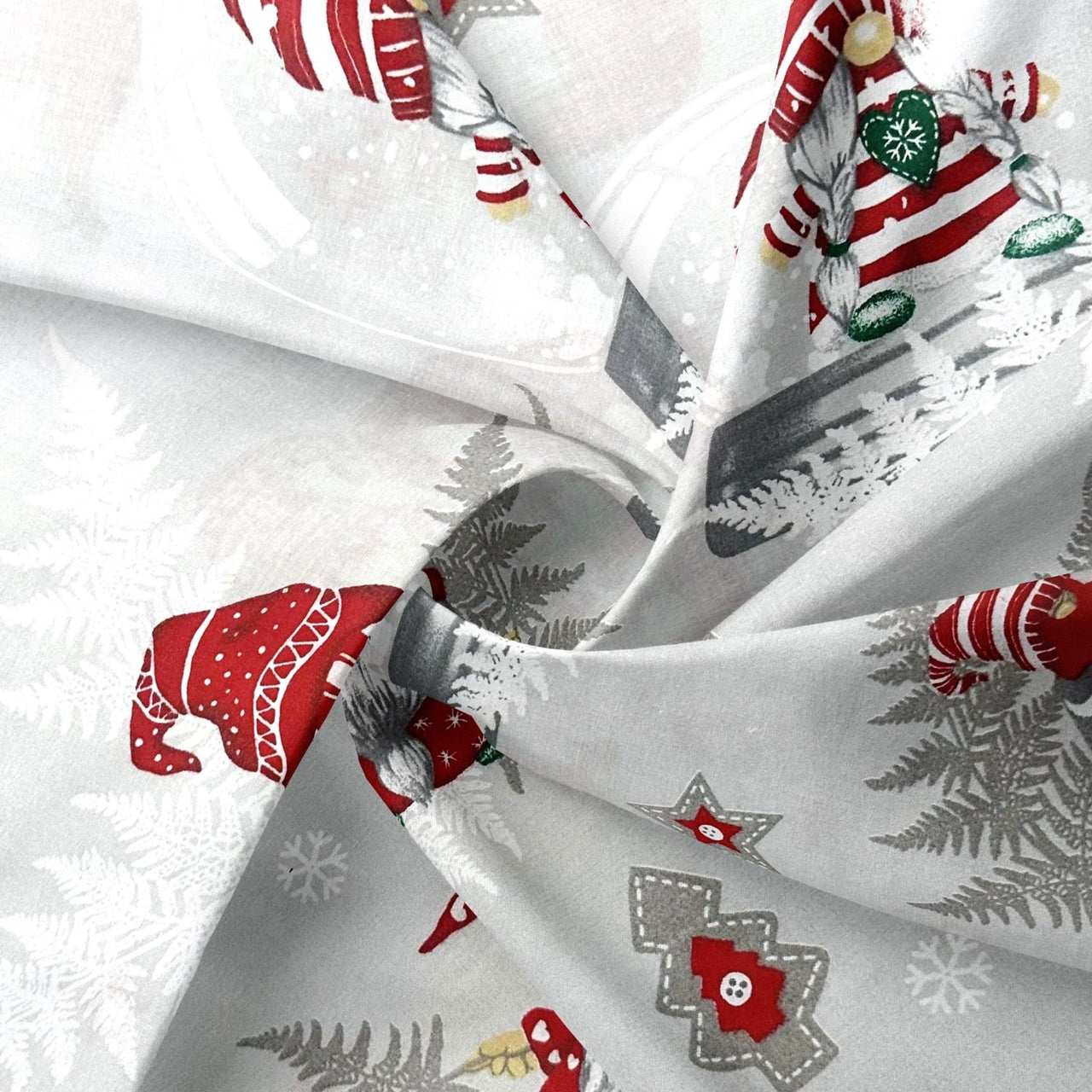 Cotton Fabric - Christmas Grey Gnomes and skates