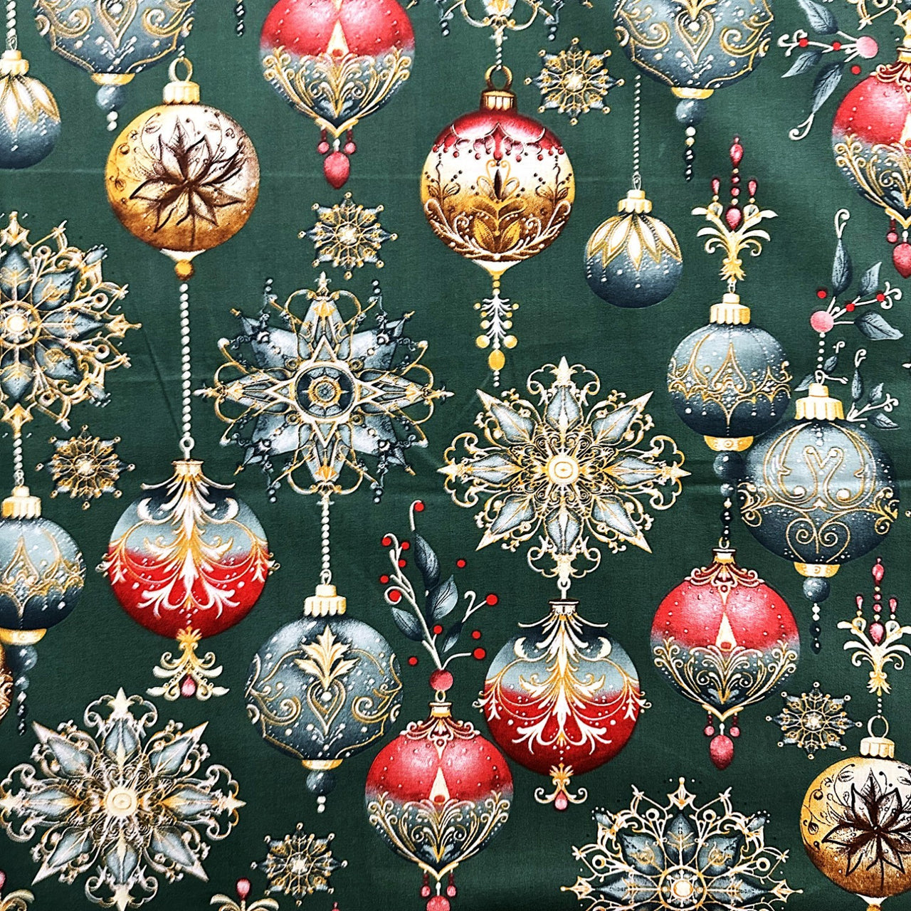 Cotton Fabric - Christmas decorative green baubles