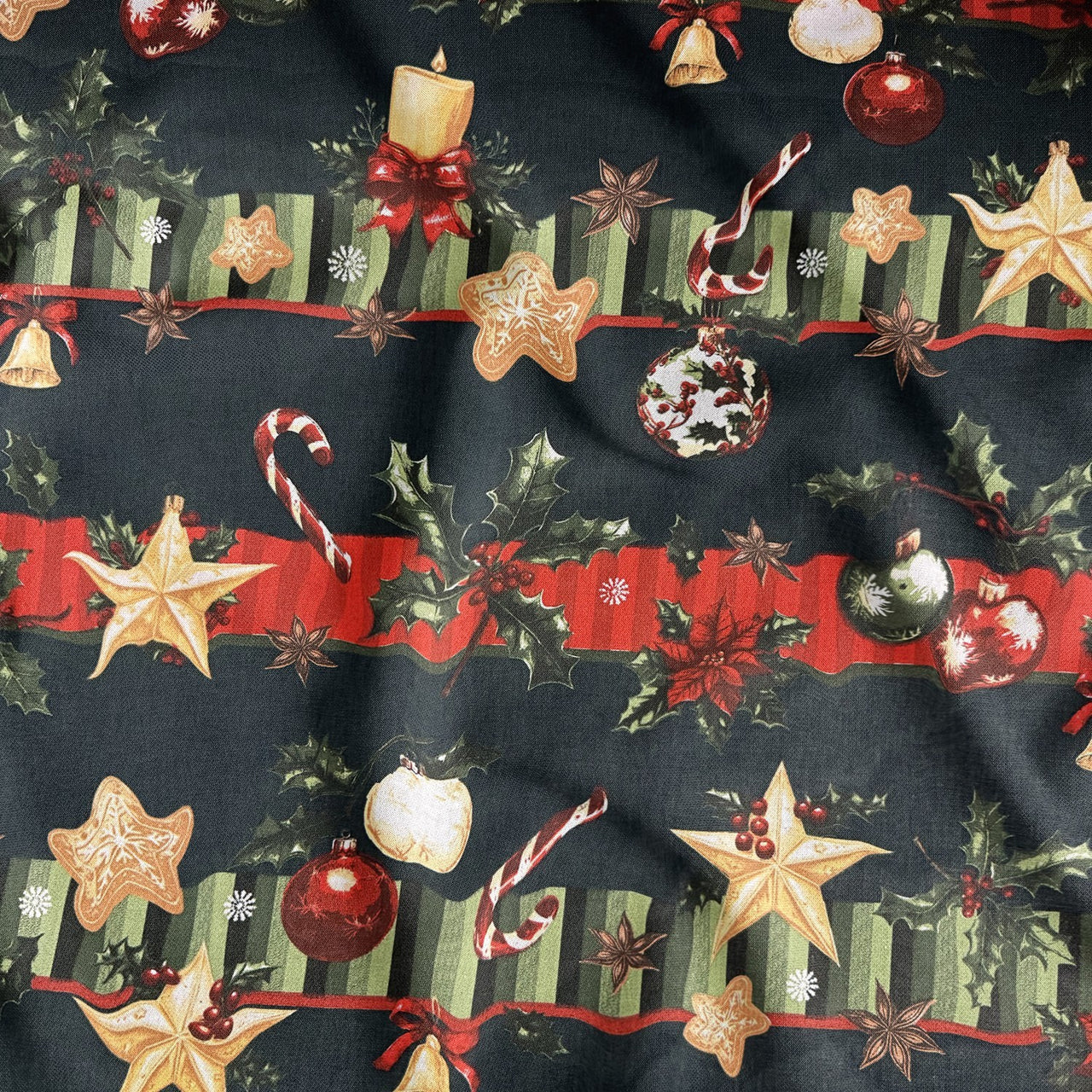 Cotton Fabric - Decorations on green background