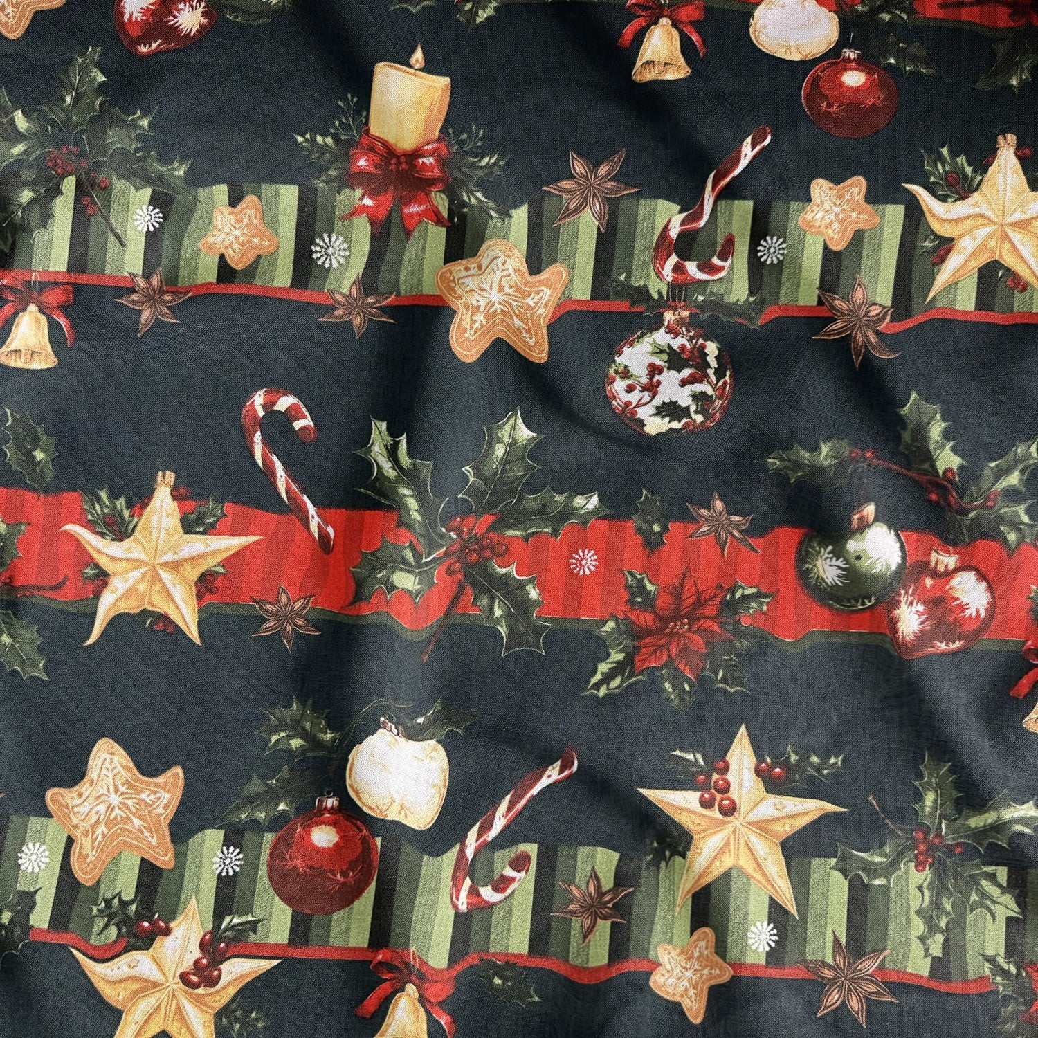 Cotton Fabric - Decorations on green background