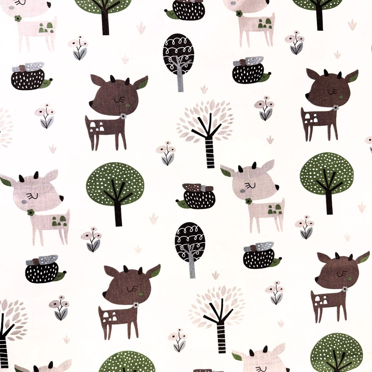 Cotton Fabric - Deer and hedgehogs, Green and Brown