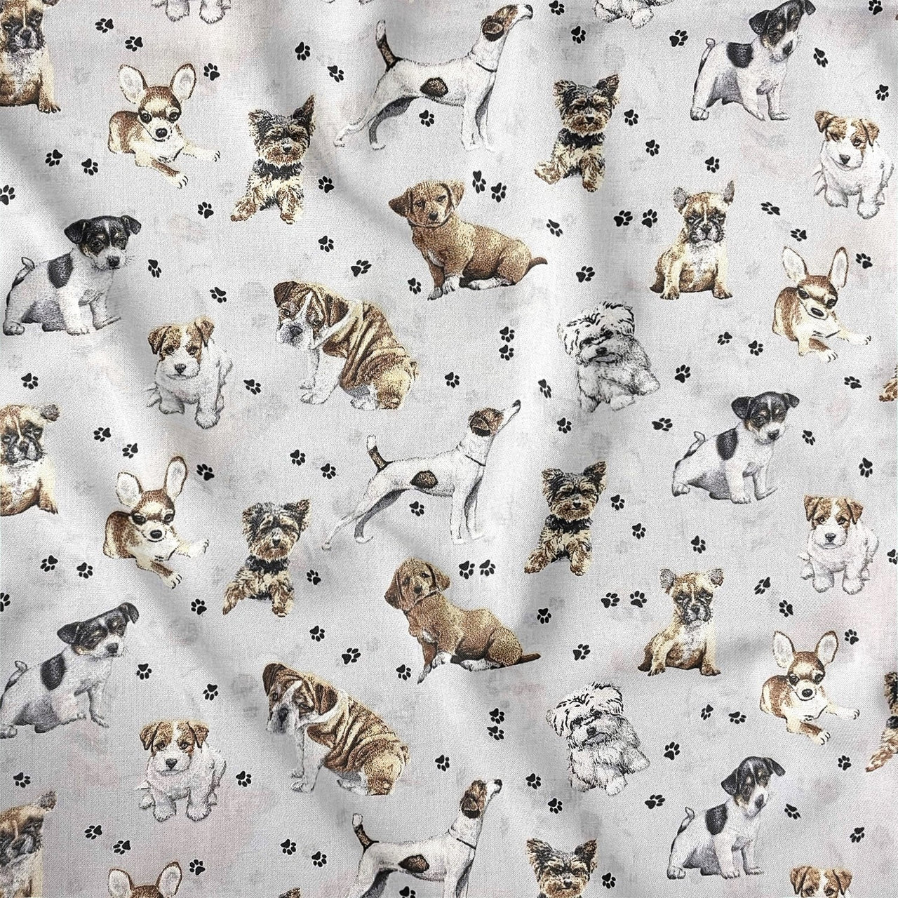 Cotton Fabric - Dogs Paws on Light Gray Background
