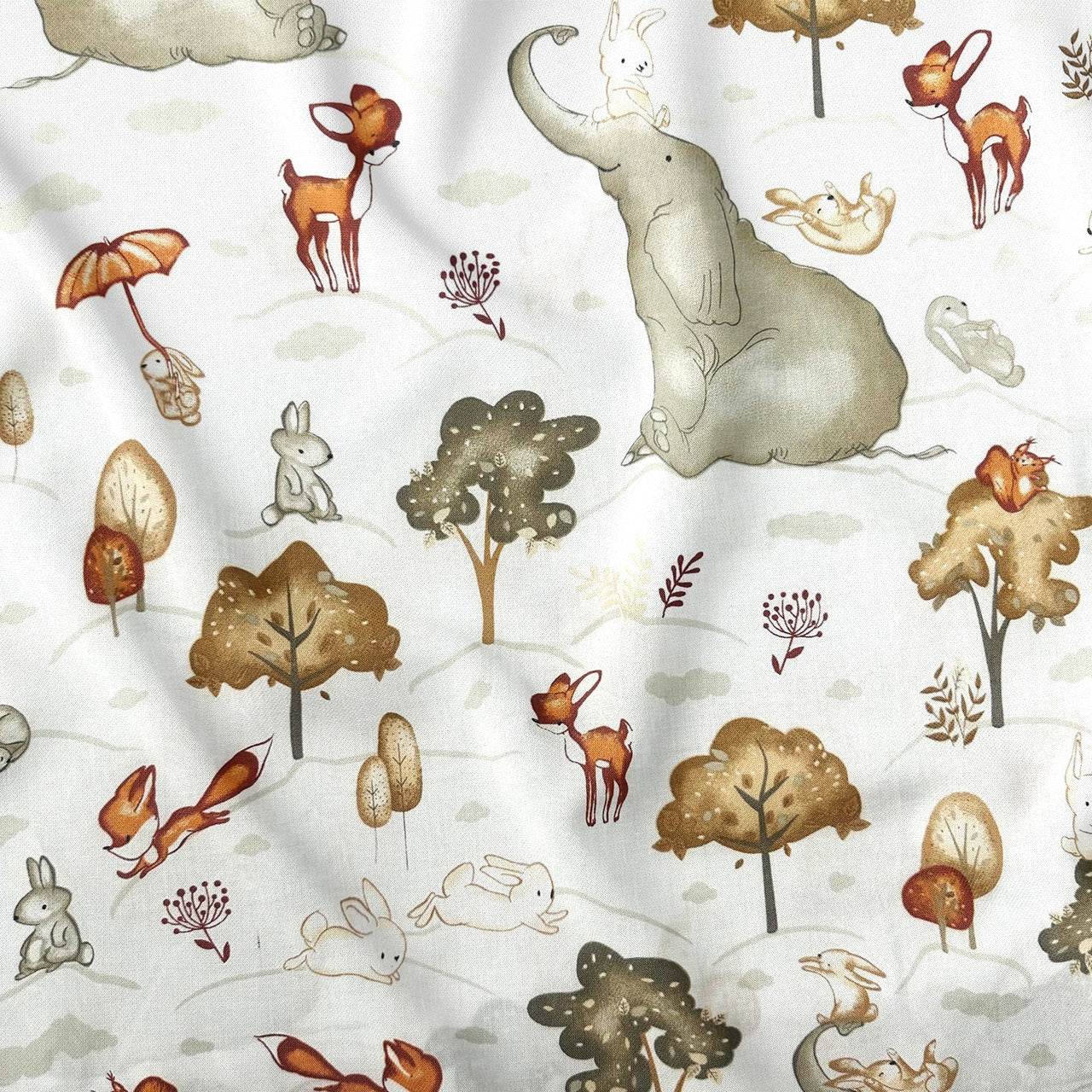 Cotton Fabric - Elephants with animals, beige