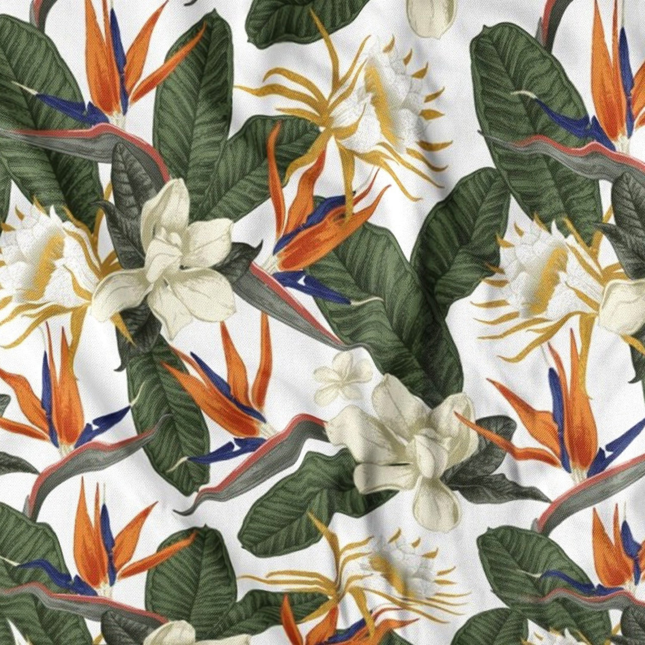 Cotton Fabric - Exotic floral print with green leaves
