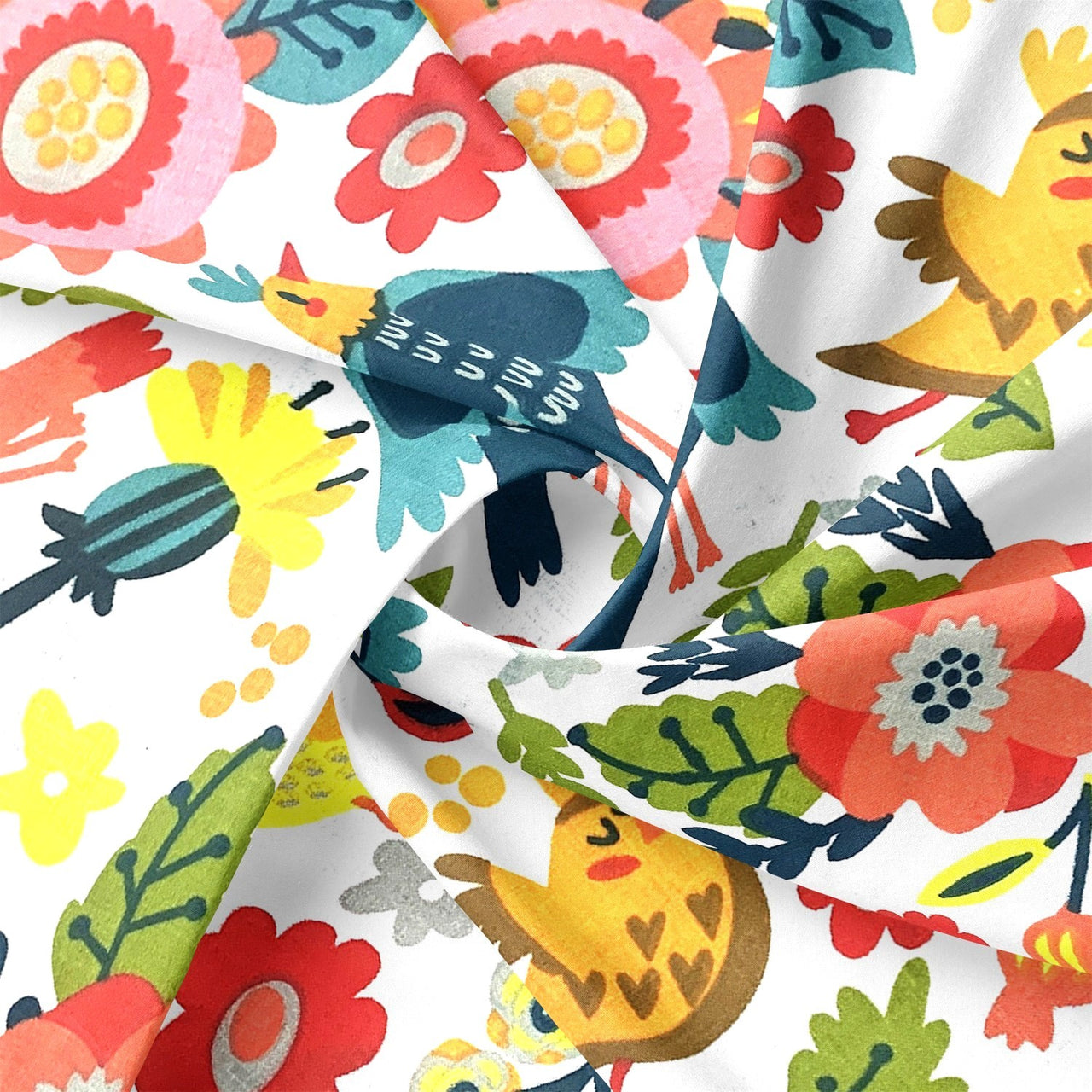 Cotton Fabric - Folklore Hens on White Background
