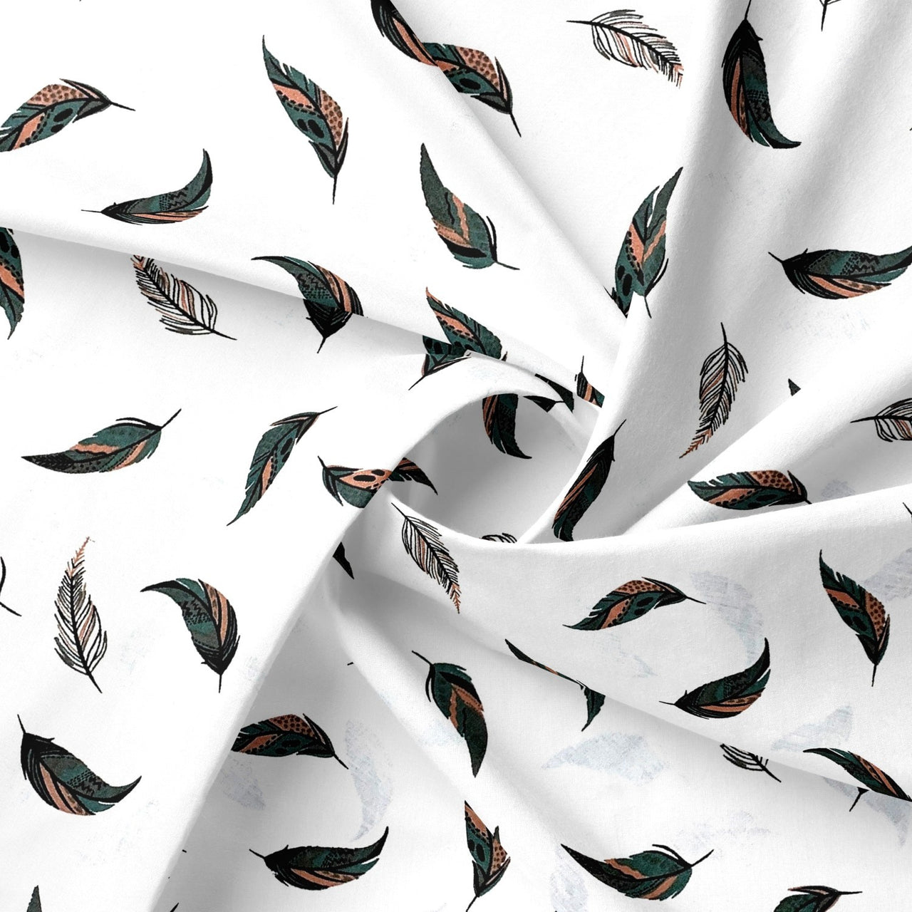 Cotton Fabric - Light Feathers Orange and Green