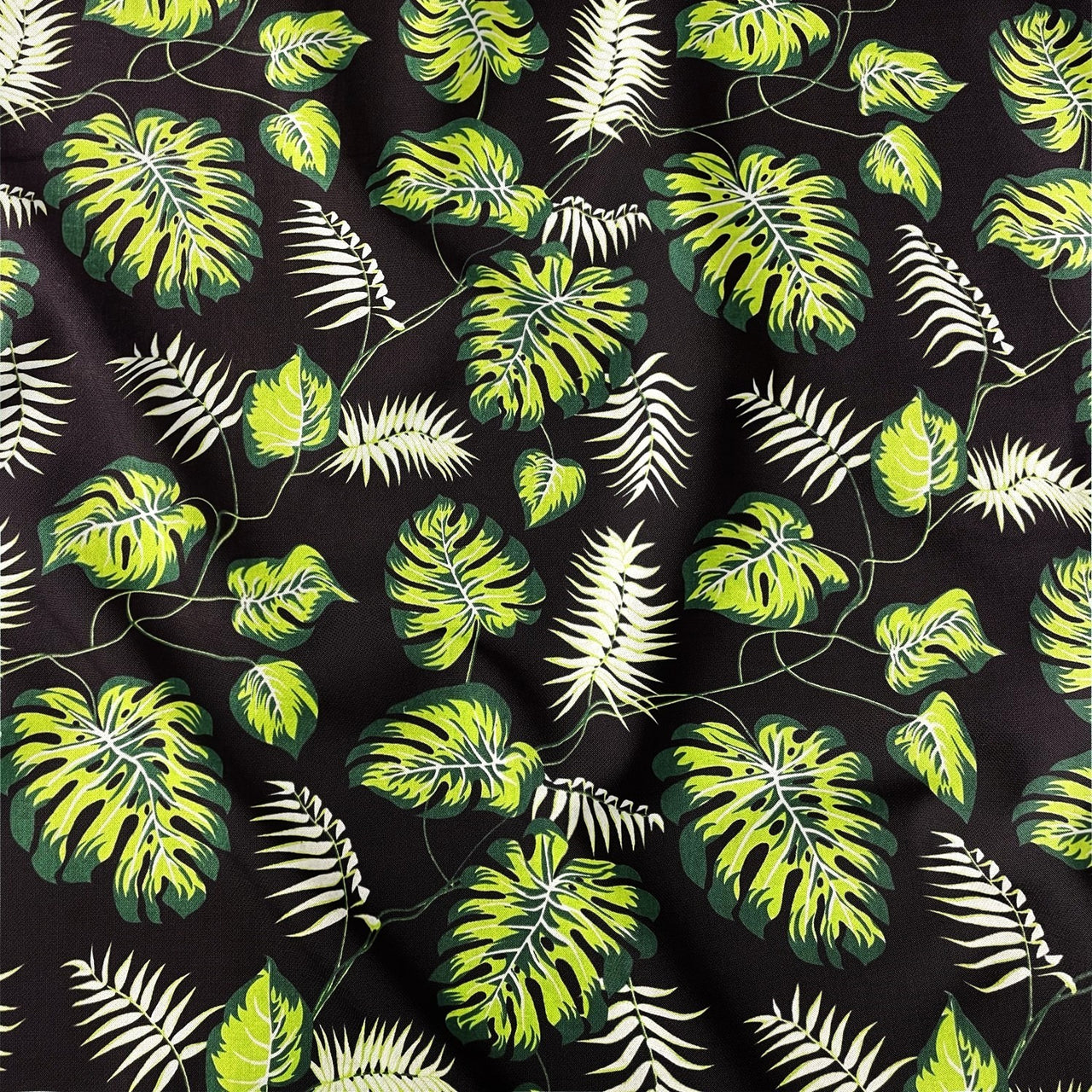Cotton Fabric - Mini Green Monstera on Black