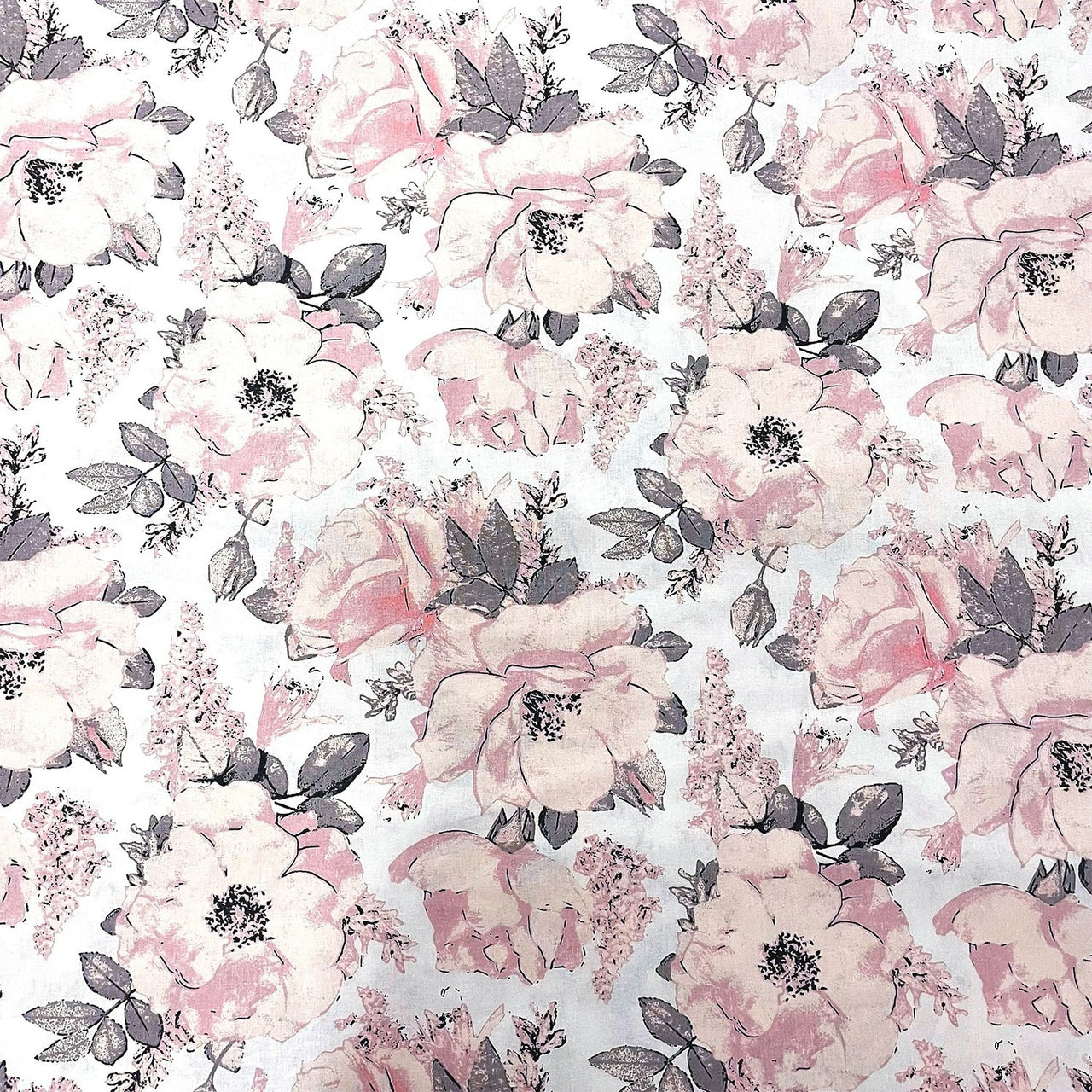 Cotton Fabric - Peonies on White