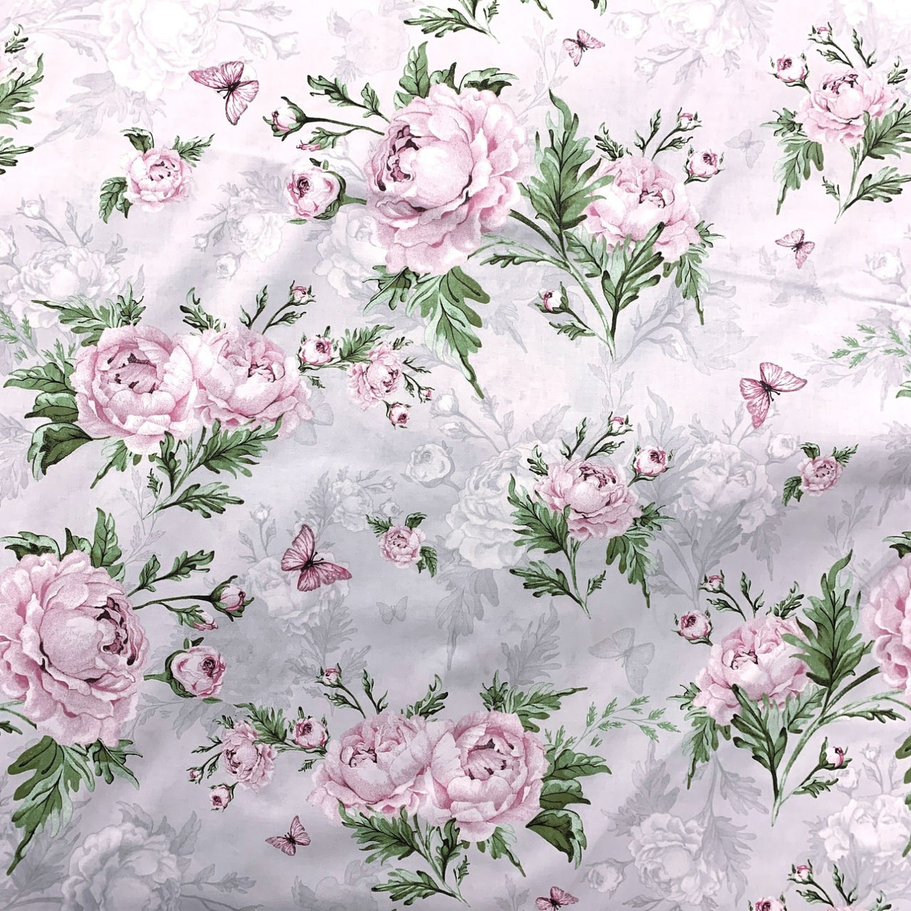 Cotton Fabric - Peony Flowers, Gray