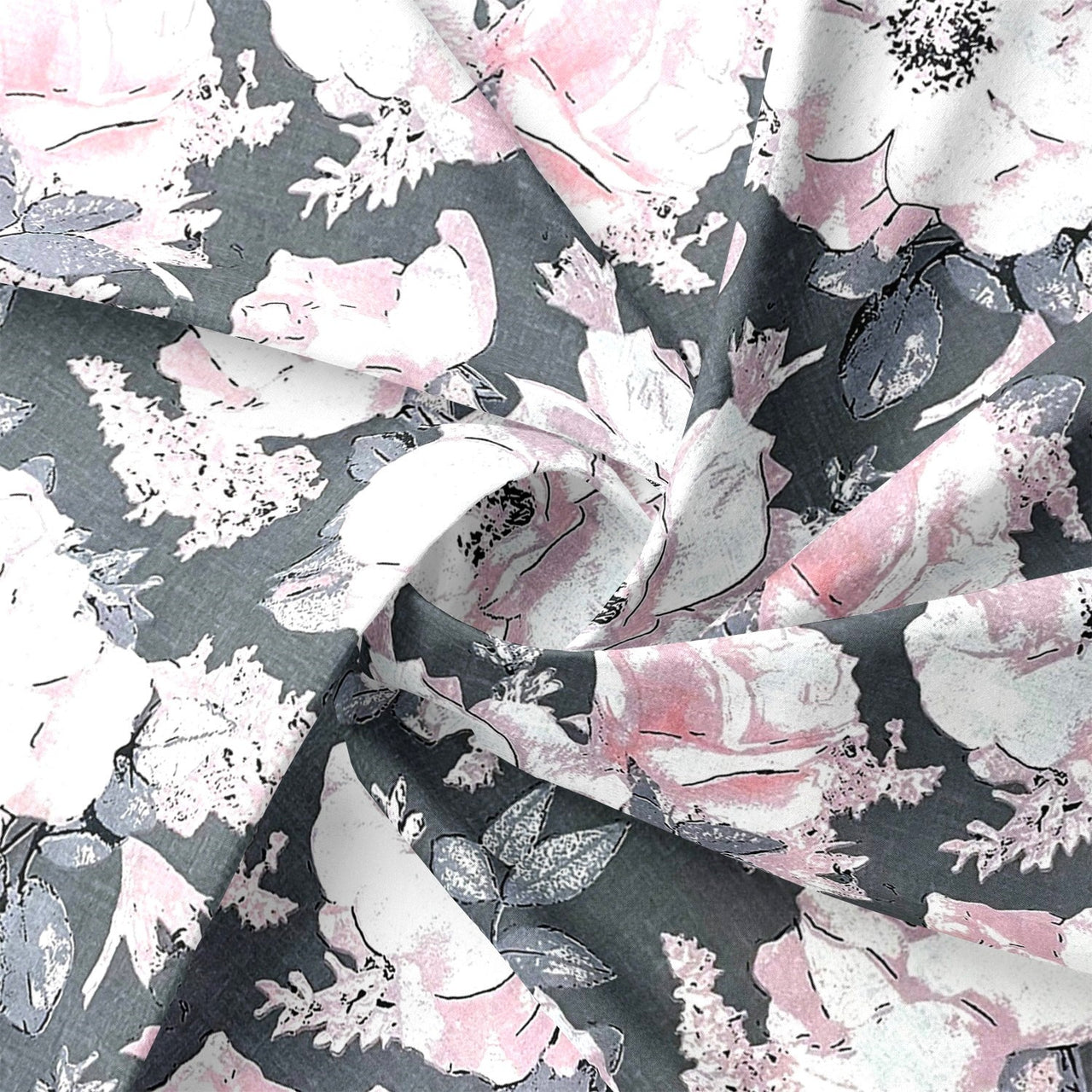 Cotton Fabric - Peony Flowers on Grey