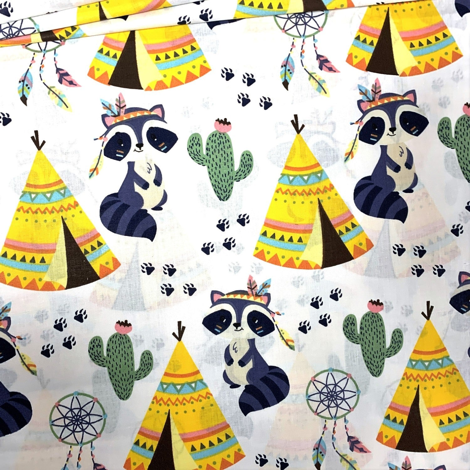 Cotton Fabric - Raccoon and Teepees