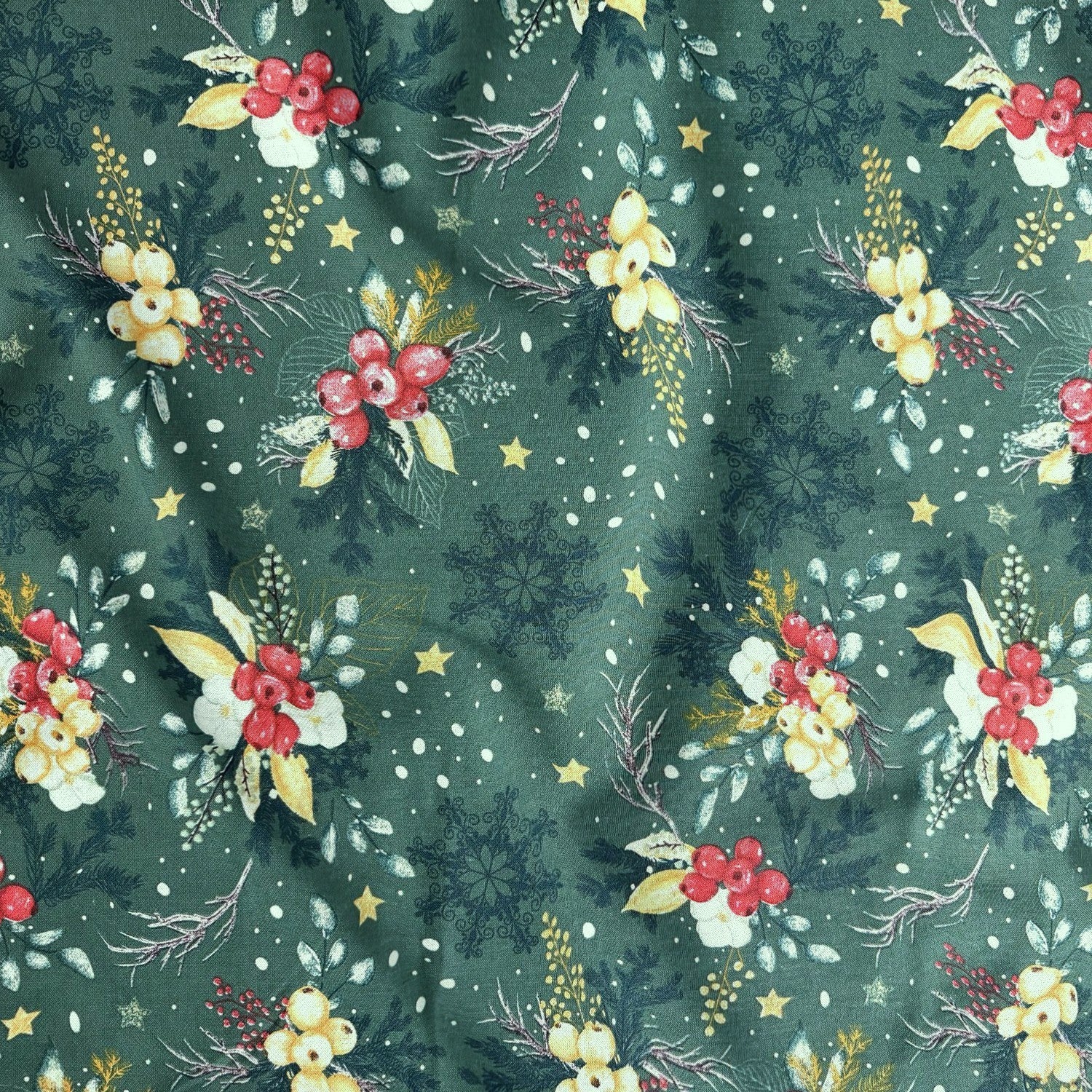 Cotton Fabric - Winter composition on green background