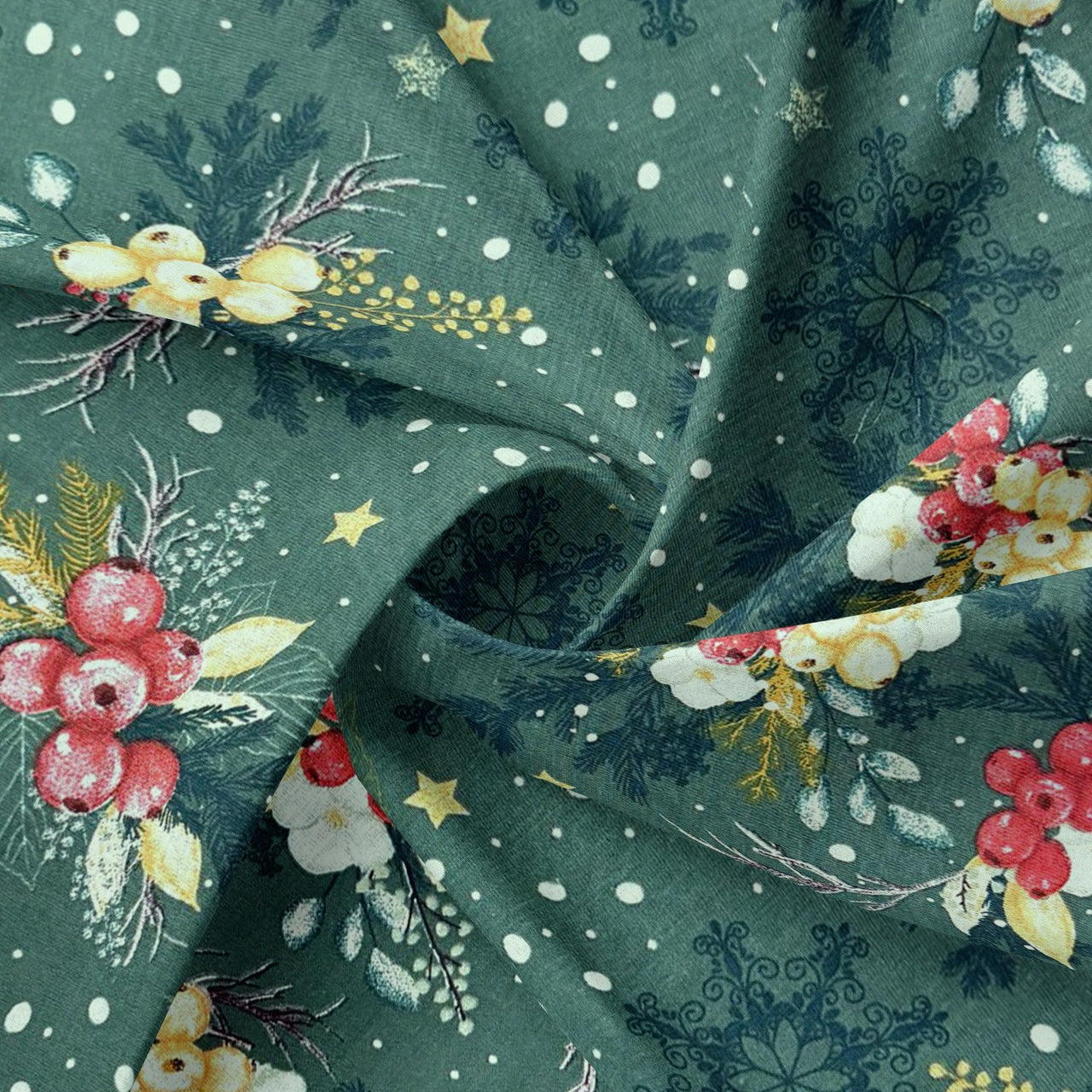Cotton Fabric - Winter composition on green background