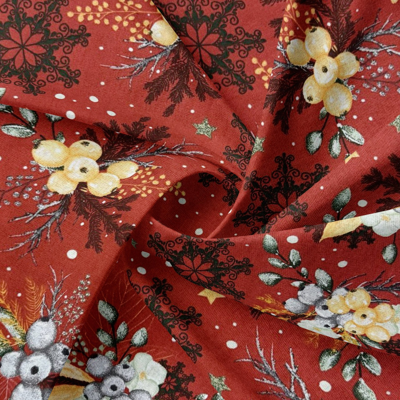 Cotton Fabric - Winter composition on red background