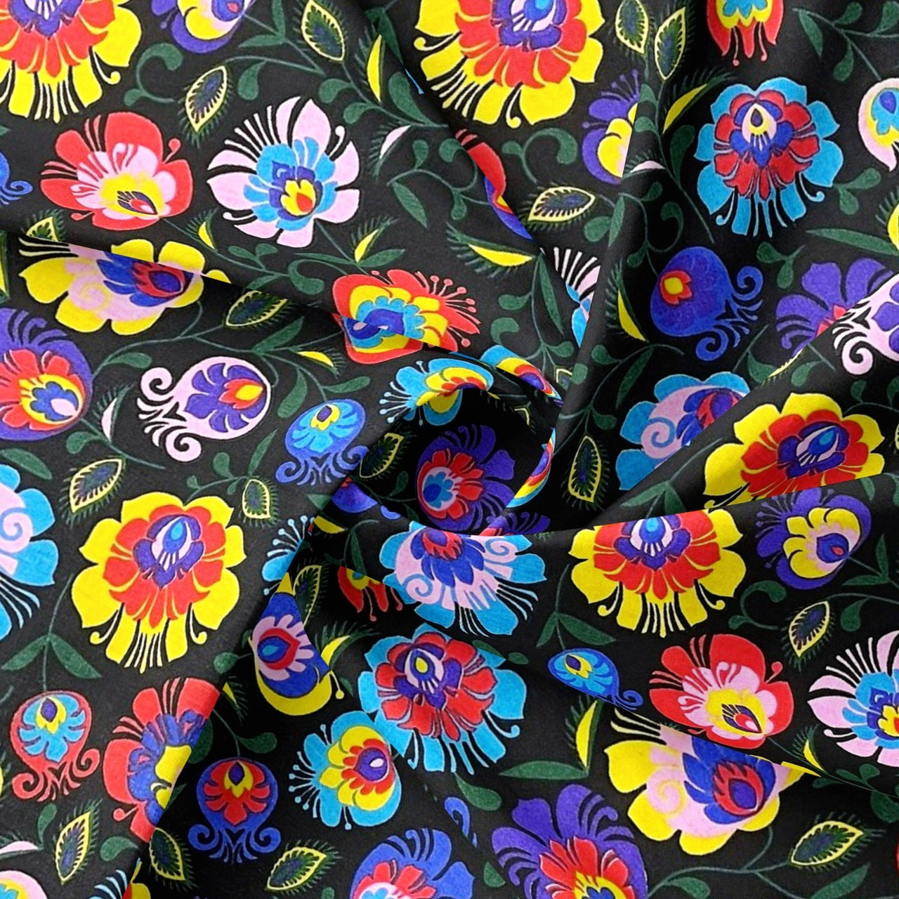 Cotton Fabric - Łowicz Folklore Pattern Black