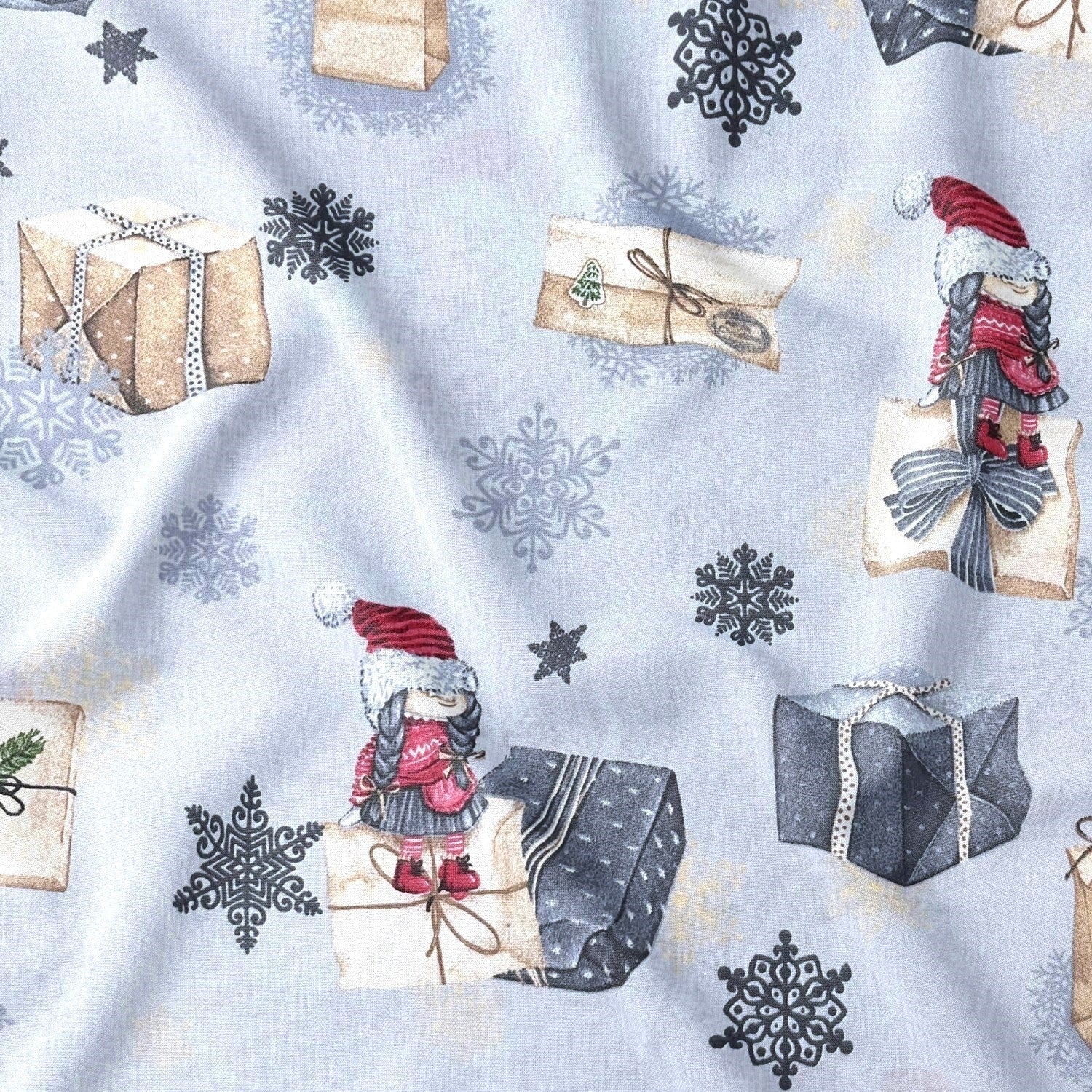 Cotton Fabric - Christmas gnomes with gifts and letter on gray - PINaPIN